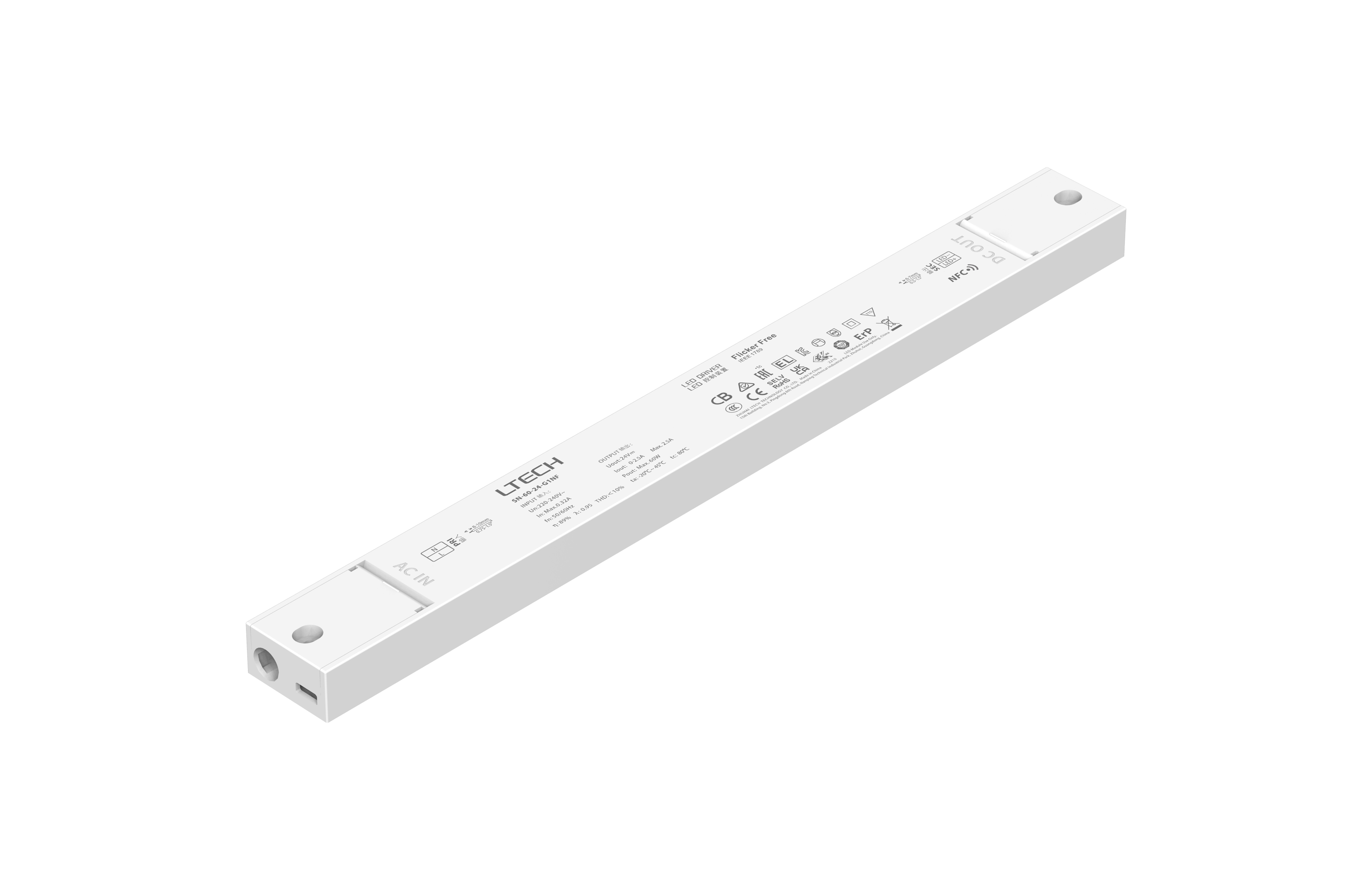 SN-60-24-G1NF-NFC  Intelligent Constant Current NFC ON/OFF LED Driver,  60W, 24VDC 2.5A , 220-240Vac, IP20, 5yrs Warrenty.